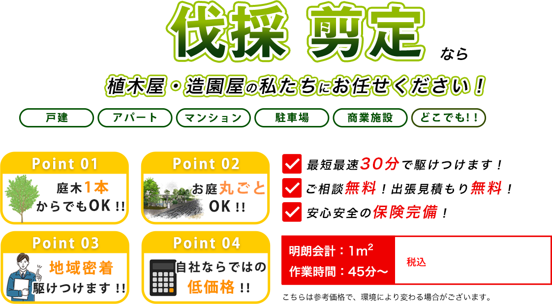 伐採 剪定なら植木屋・造園屋の取手造園にお任せください！　最短最速30分で駆けつけます！　ご相談無料！出張見積もり無料！　安心安全の保険完備！